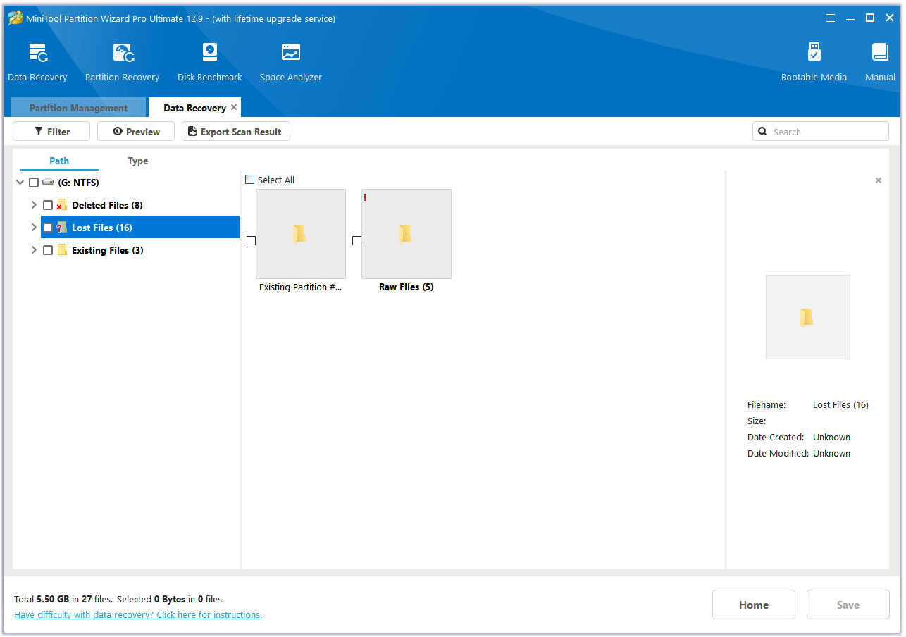 click lost files in MiniTool Partition Wizard