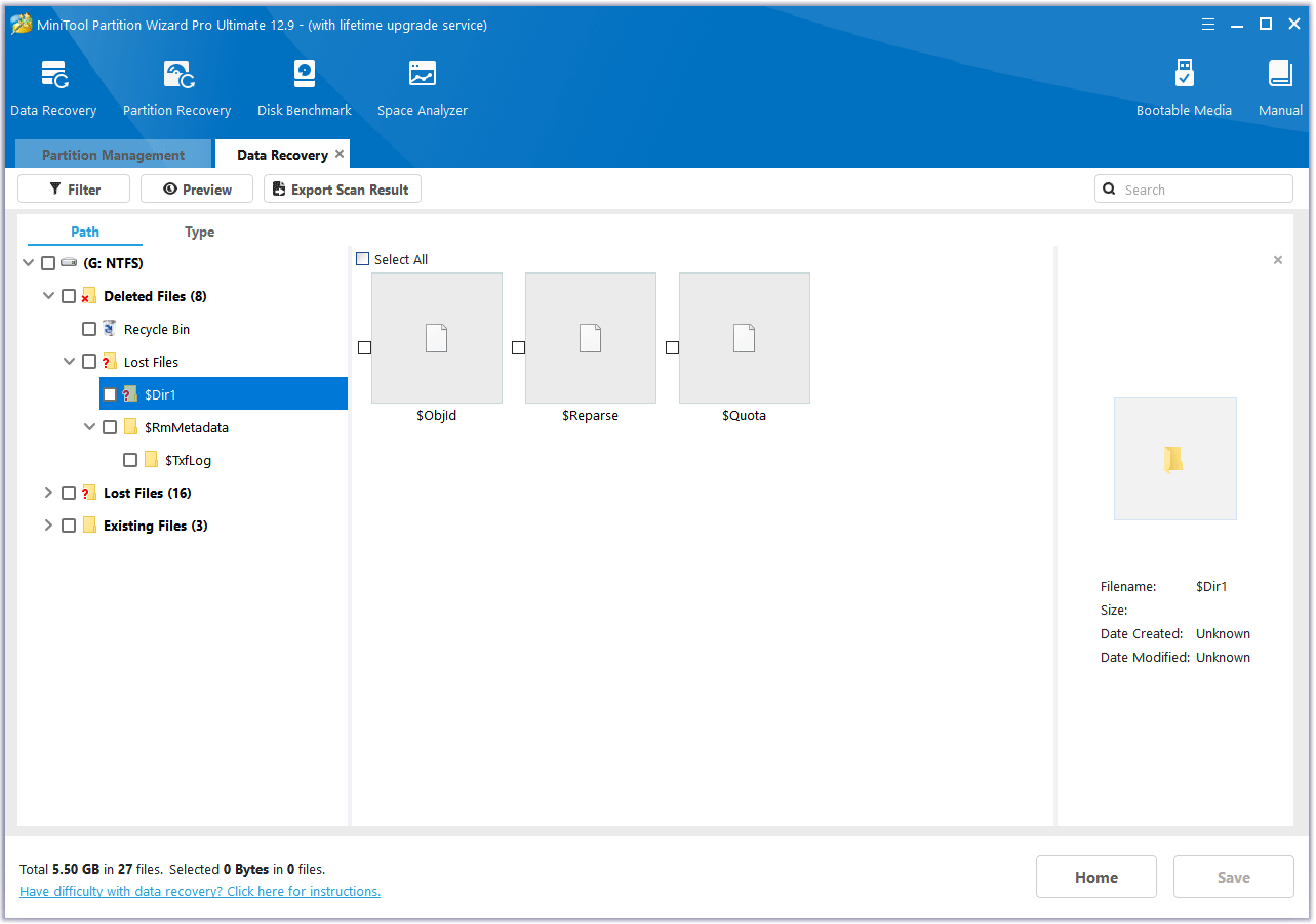 click dir files in MiniTool Partition Wizard