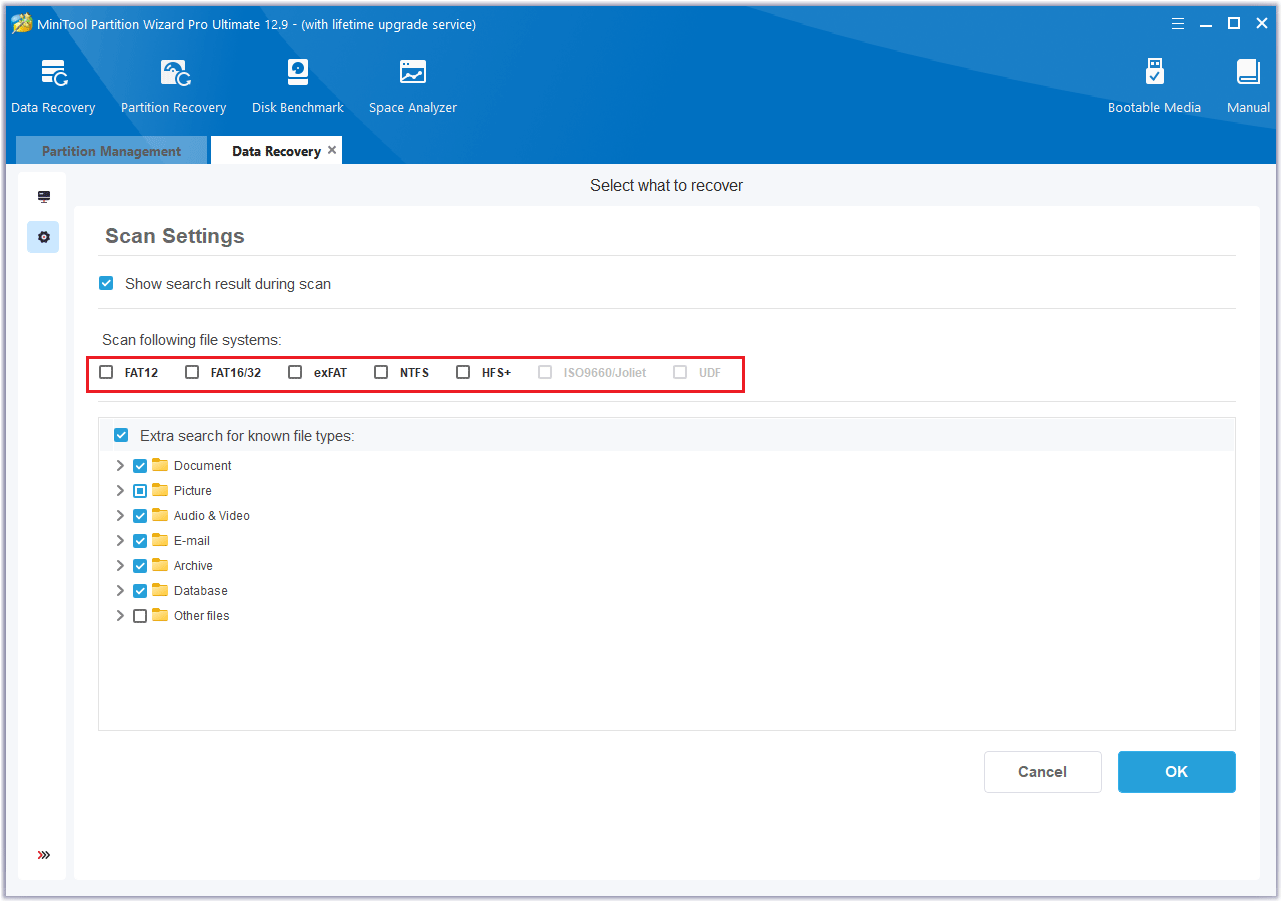 scan raw files in MiniTool Partition Wizard