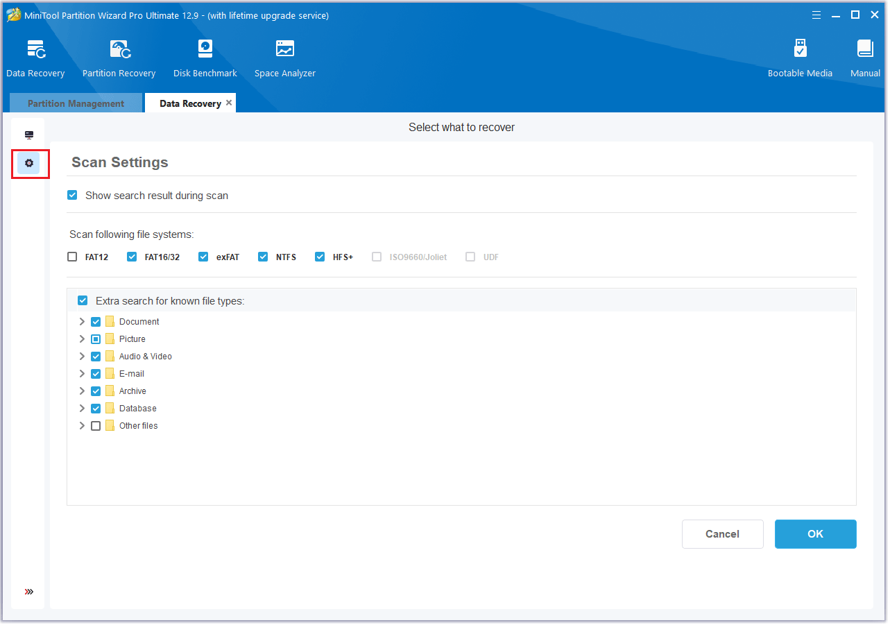 the Scan Settings interface of Data Recovery in MiniTool Partition Wizard