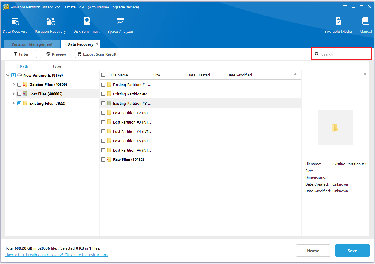 click Search in MiniTool Partition Wizard