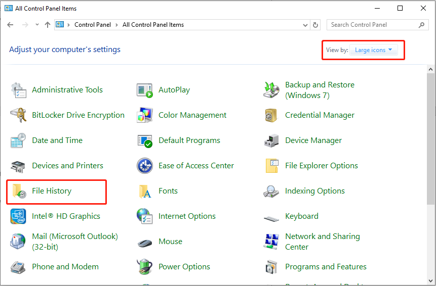 select Large icons and opt for File History