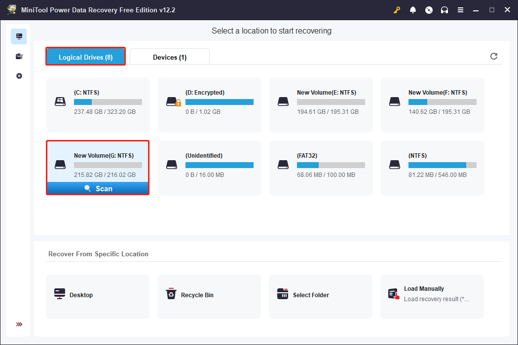 under the Logical Drives tab of MiniTool Power Data Recovery, select the target partition to scan for files