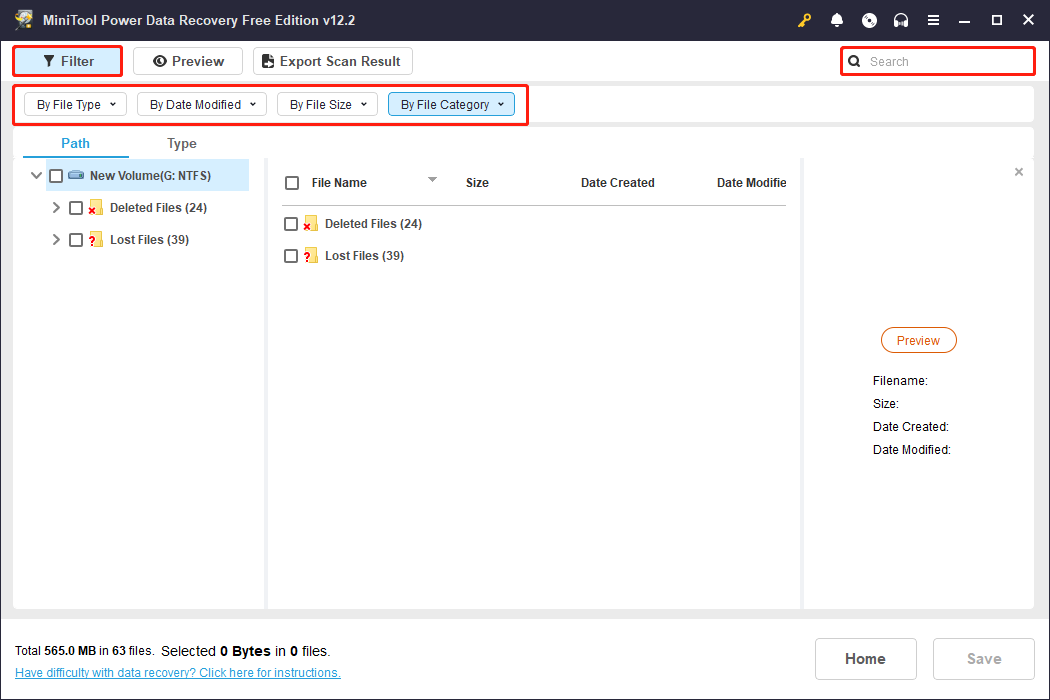use the Filter and Search features in MiniTool Power Data Recovery to screen out files