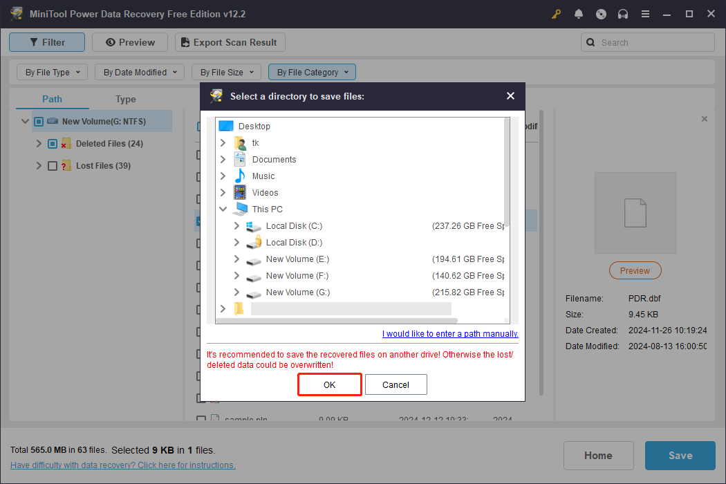save the files to the desired folder in MiniTool Power Data Recovery