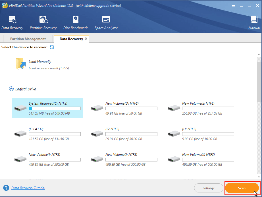 escolha a unidade a partir da qual pretende recuperar dados no MiniTool Partition Wizard