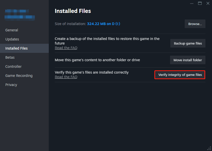 click on Verify integrity of game files