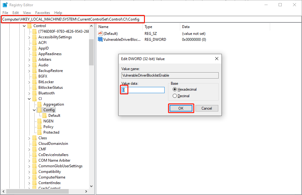 disable the Microsoft Vulnerable Driver Blocklist via Windows Registry Editor