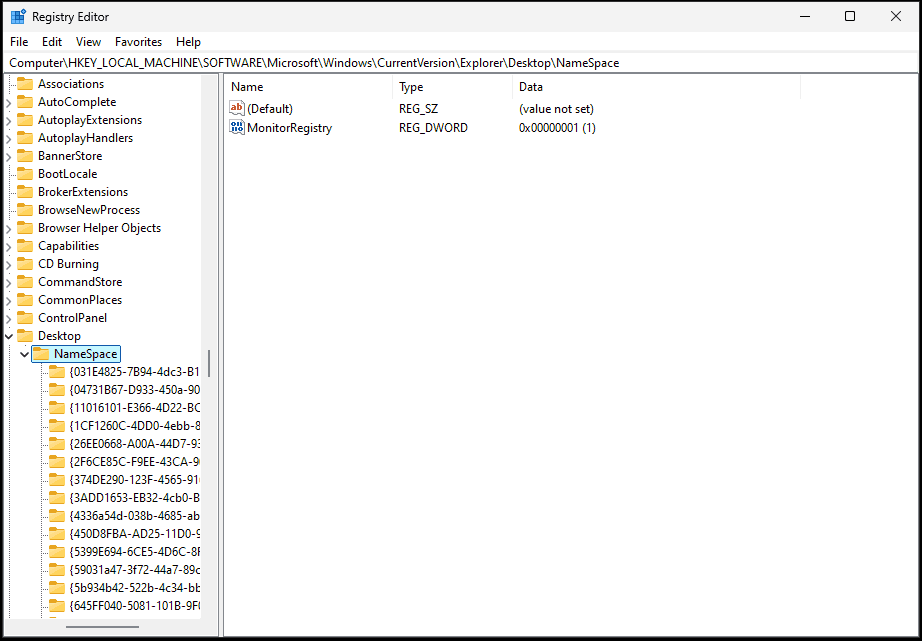 namespace folder in Windows 11 registry