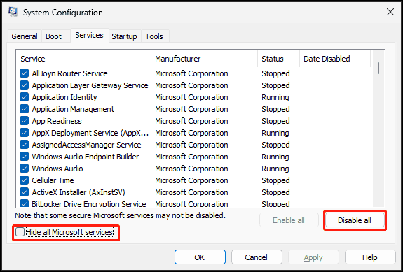 Windows 11 clean boot hide all Microsoft services