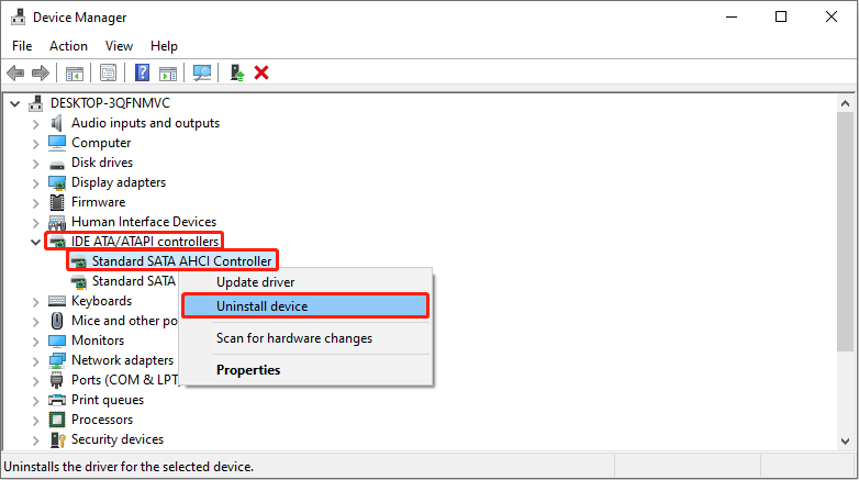 uninstall the Standard SATA AHCI Controller device in Device Manager