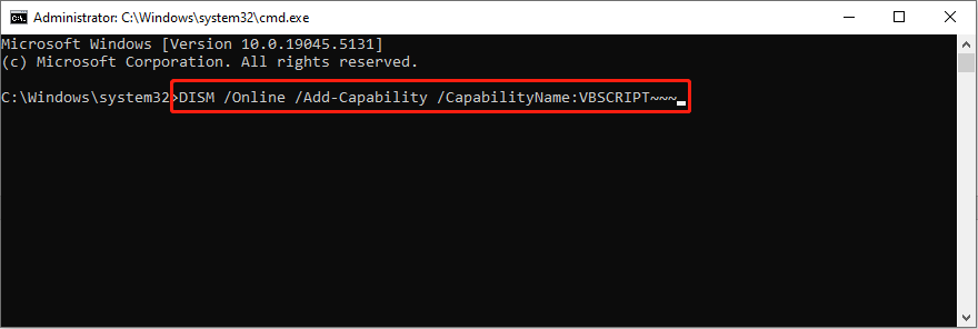 install VBScript by running the DISM command line on Windows