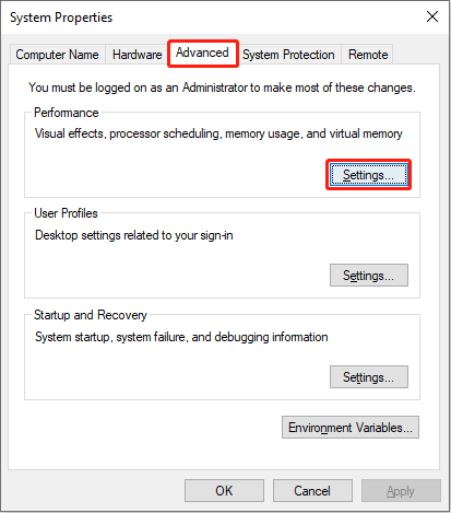 click Settings under the Advanced tab to modify virtual memory