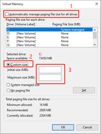 set the Initial size and Maximum size of computer virtual memory