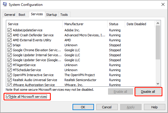 disable all Microsoft services via System Configuration