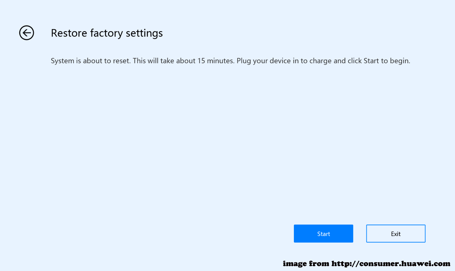 hit Start on the Restore factory settings window