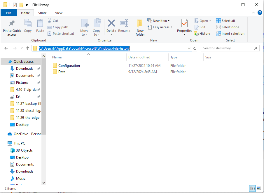 copy & paste the %UserProfile%\AppData\Local\Microsoft\Windows\FileHistory path