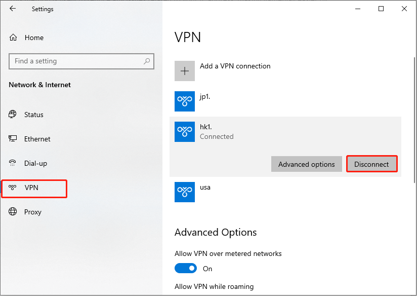 click Disconnect to turn off the VPN