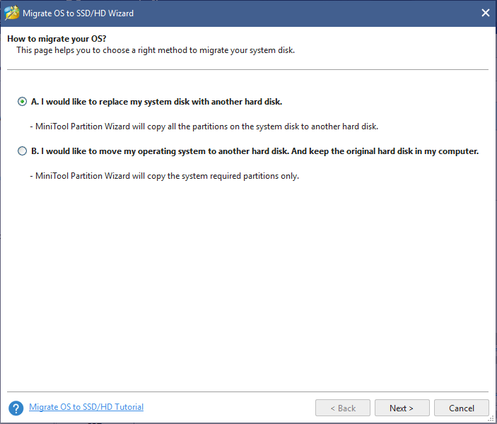 escolha a maneira de migrar o sistema operacional no MiniTool Partition Wizard