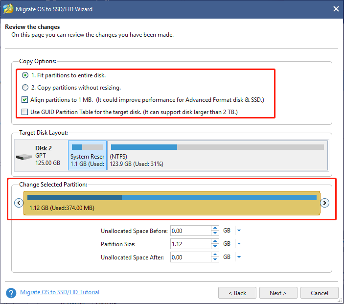 escolha as opções de cópia no MiniTool Partition Wizard