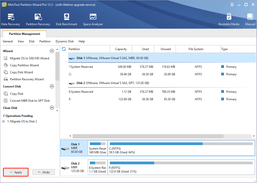 clique em Aplicar para iniciar a migração do sistema operacional usando o MiniTool Partition Wizard