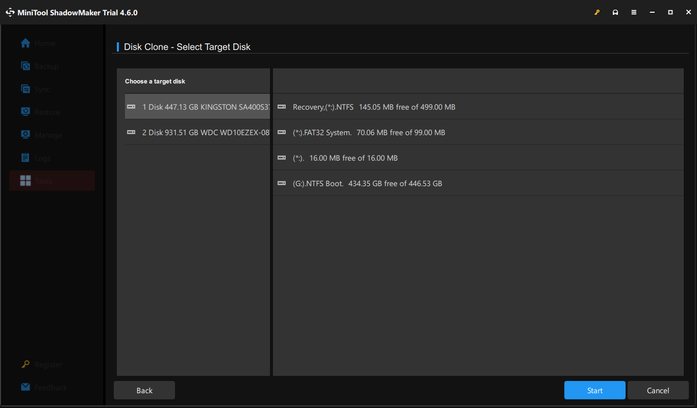 choose the source disk and target disk