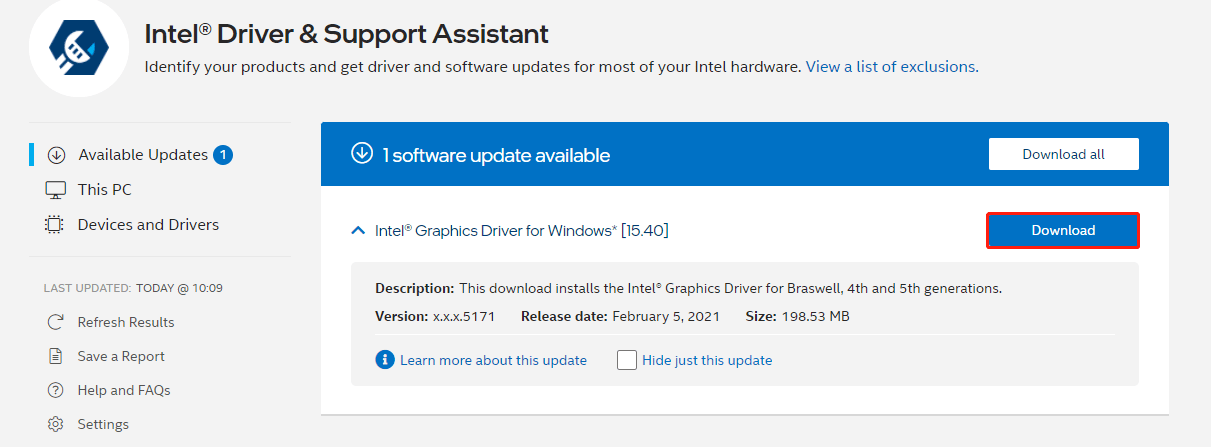 hit Download to update your Intel graphics driver