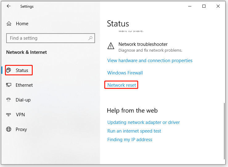 choose Network reset in the Status tab