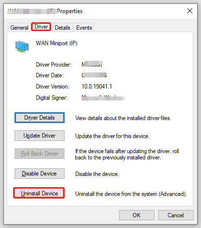 select Uninstall Device