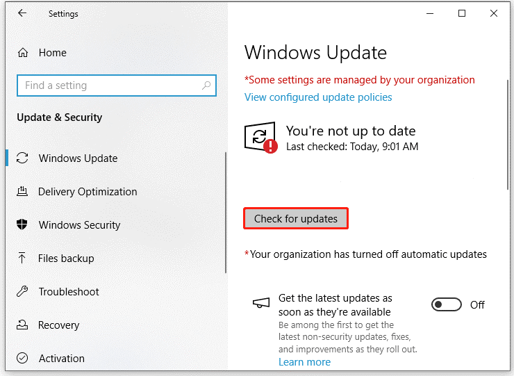 hit Check for updates to search for available Windows updates