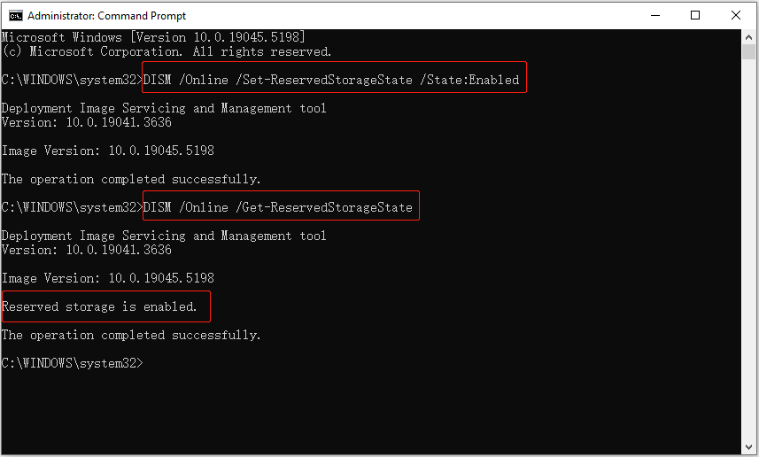 use DISM to enable reserved storage and check its status