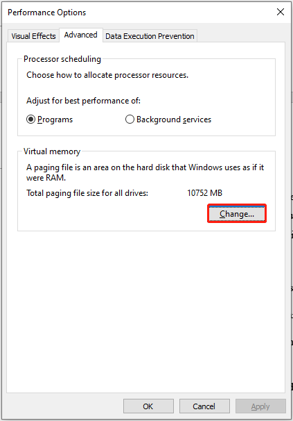 click on the Change option in Virtual memory