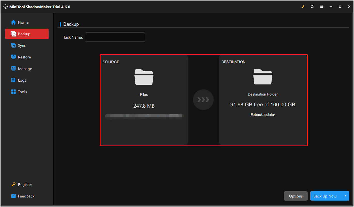 choose the files to back up in SOURCE and the location to store backup files in DESTINATION in MiniTool ShadowMaker