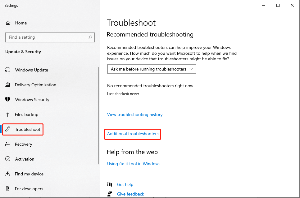 select Additional troubleshooters