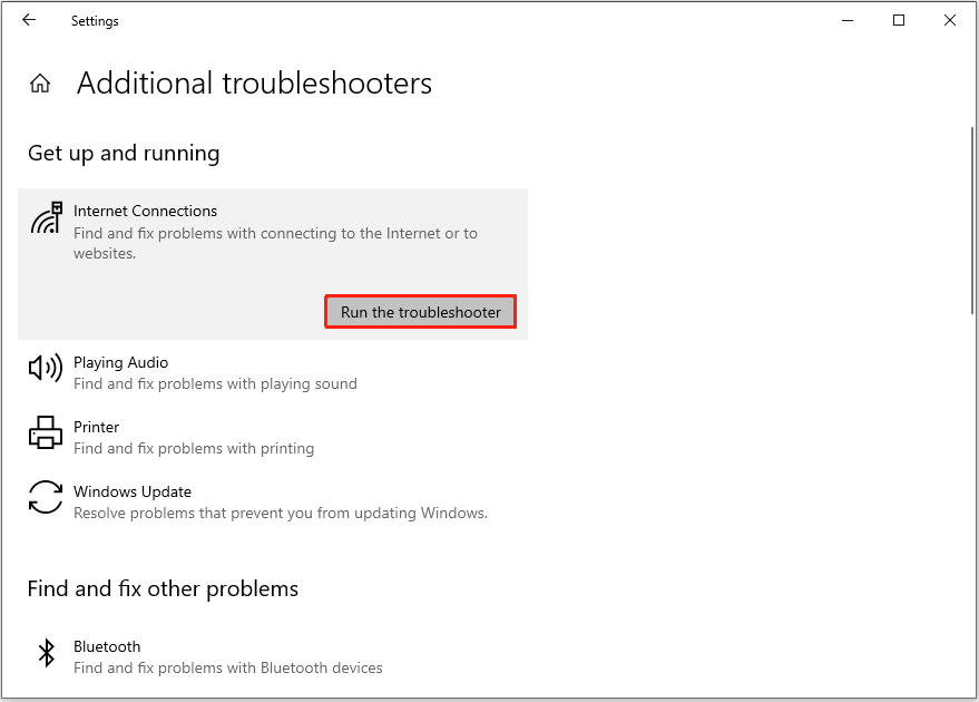 run the Internet Connections troubleshooter from Windows Settings