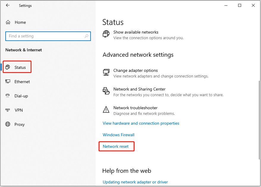 select Network reset from the network status page