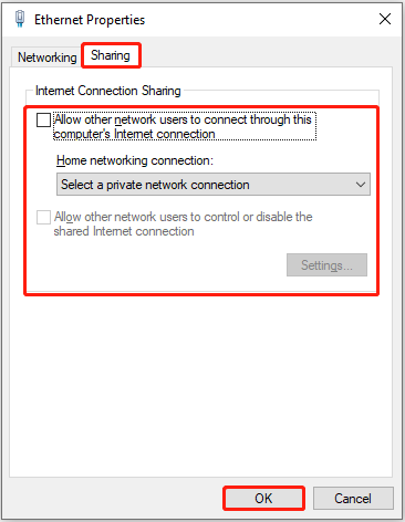 disable Internet connection sharing from Ethernet properties