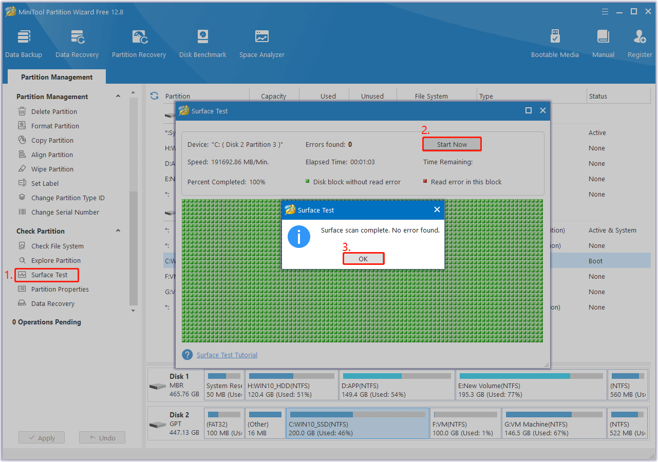 use Surface Test feature in MiniTool Partition Wizard