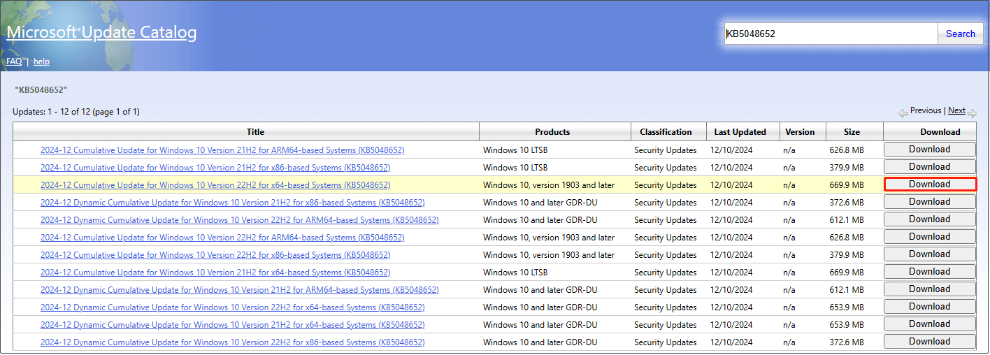 download the package of KB5048652 from Microsoft Update Catalog