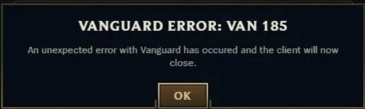 the error message of League of Legends VAN 185