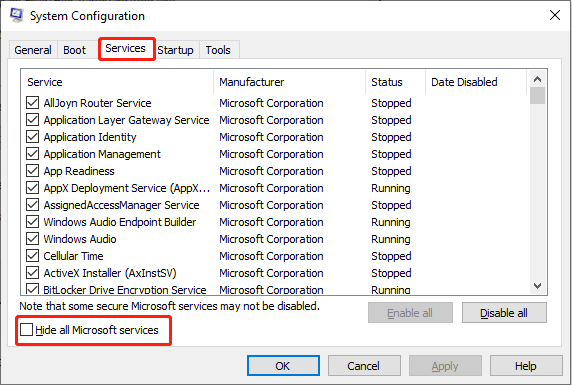 toggle on Hide all Microsoft services