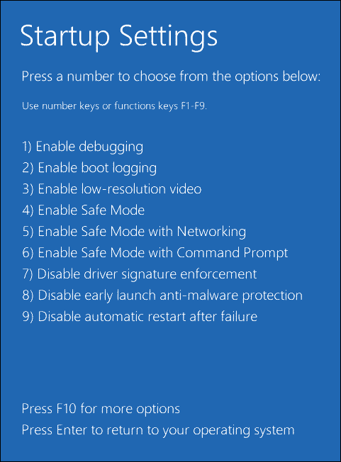 press F4, F5, or F6 to enable Safe Mode with different options