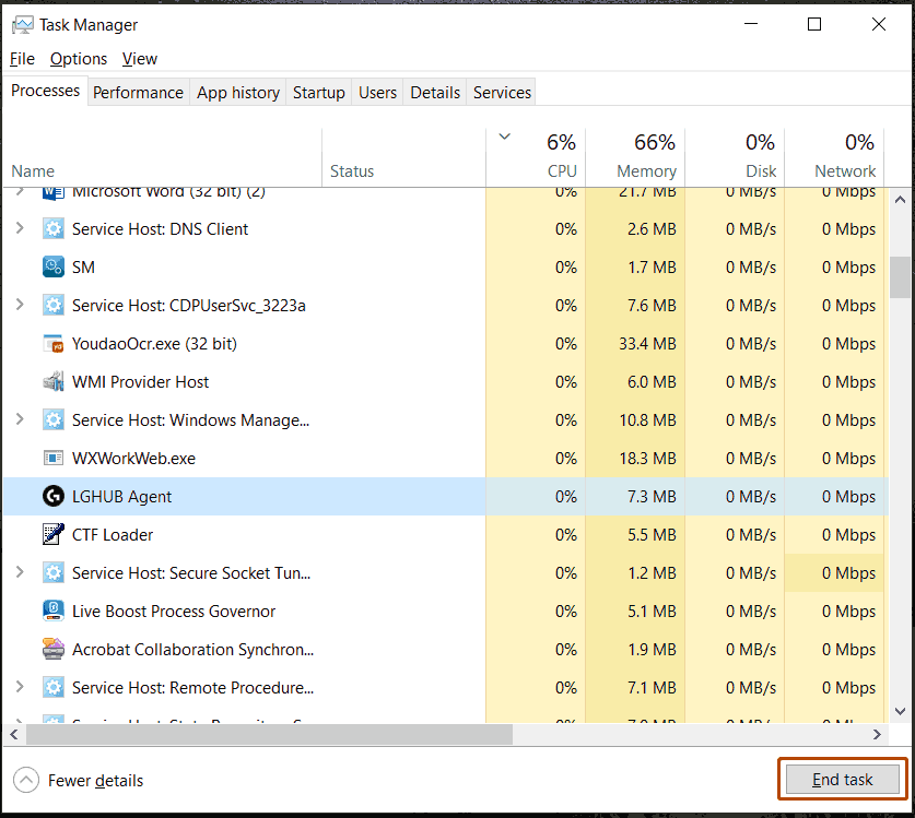 end LGHUB Agent in Task Manager under Processes