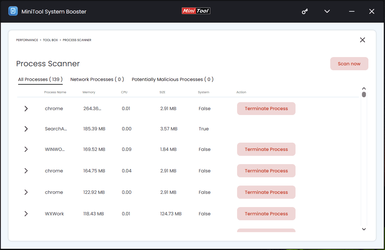 MiniTool System Booster Process Scanner terminate background processes