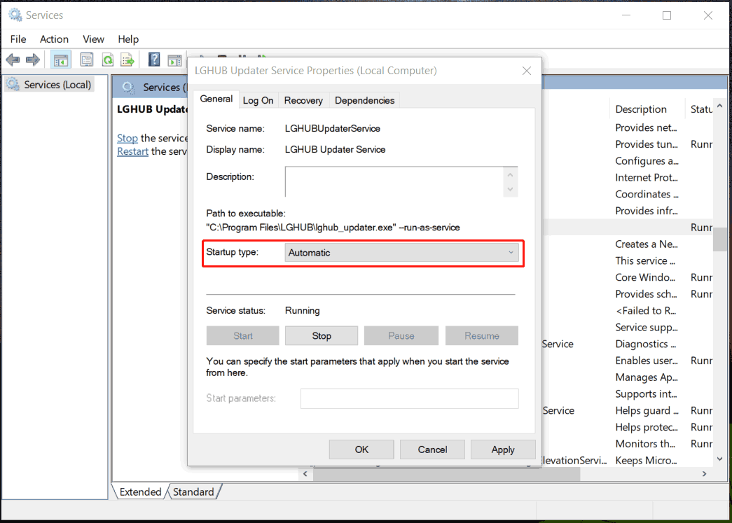 set LGHUB Updater Service to Automatic