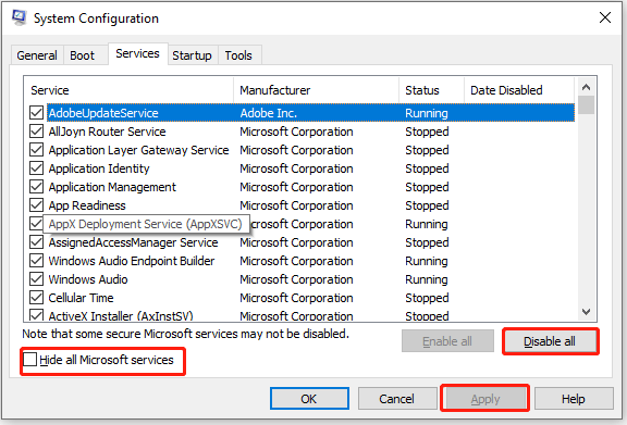 select Hide all Microsoft services