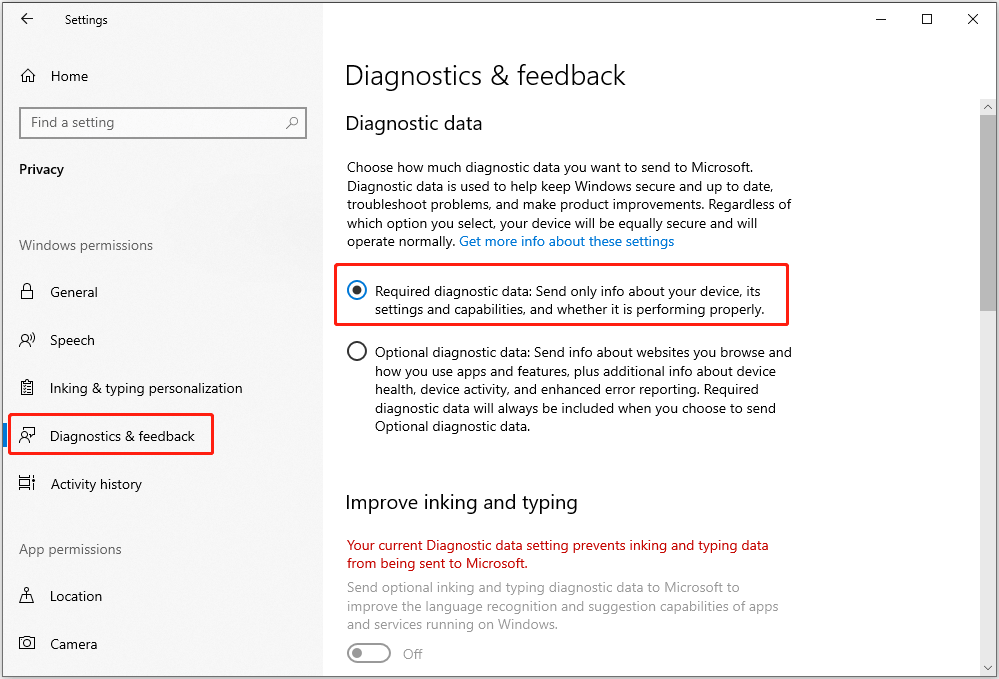 change Diagnostics & feedback settings from Settings