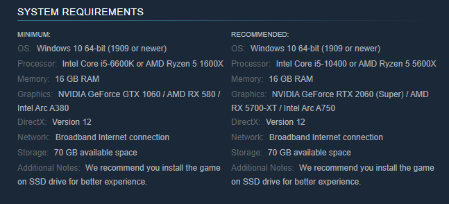the minimum and recommended system requirements of Marvel Rivals