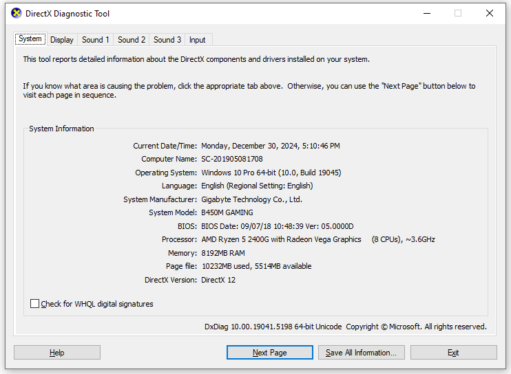 check for system information via DirectX Diagnostic Tool