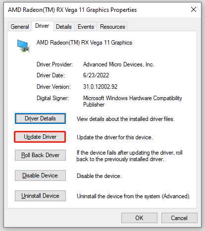 hit Update Driver to update your graphics driver